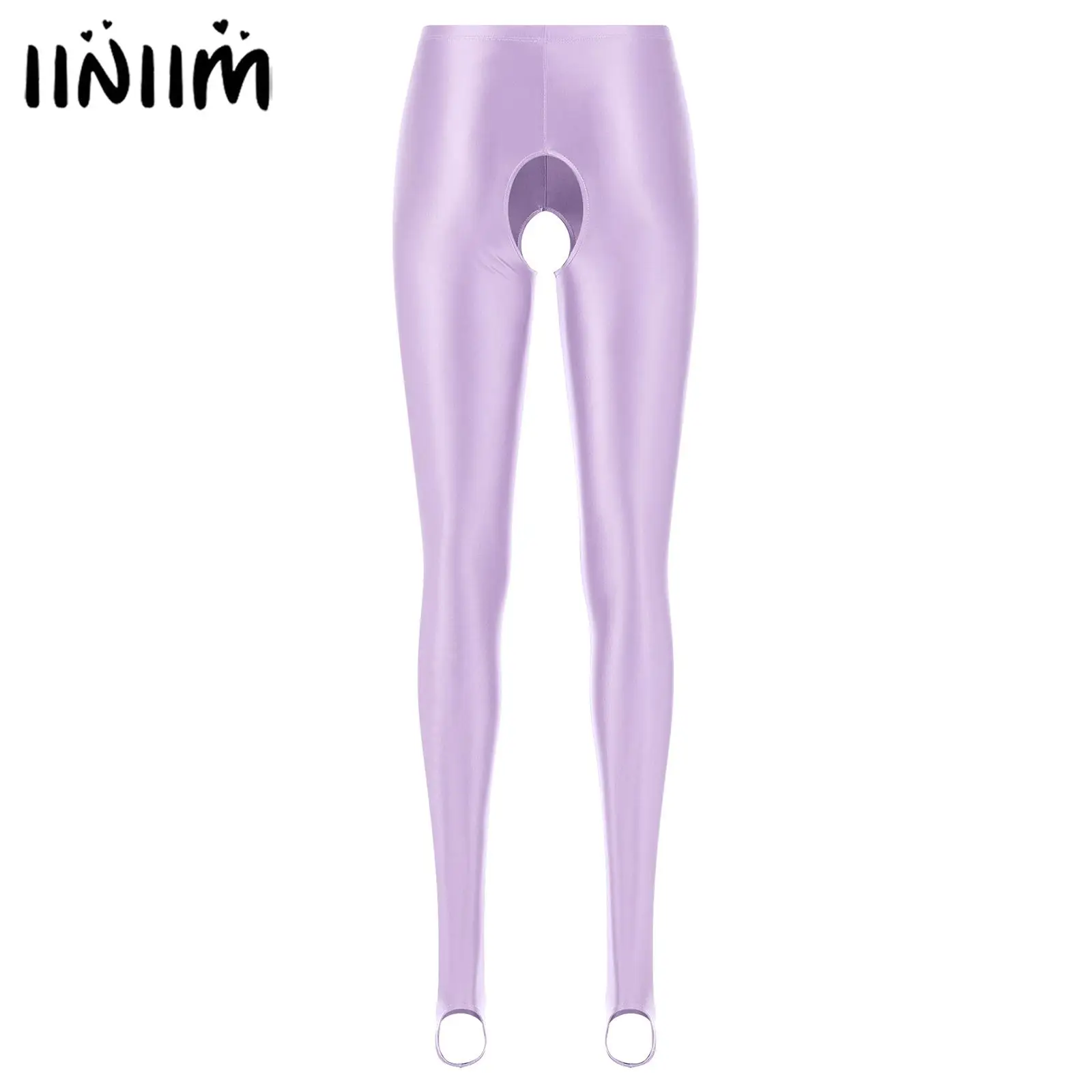 

Womens Lingerie Glossy Open Crotch Stirrup Leggings Stretchy Smooth Mid Waist Elastic Waistband Crothless Sexy Skinny Pants