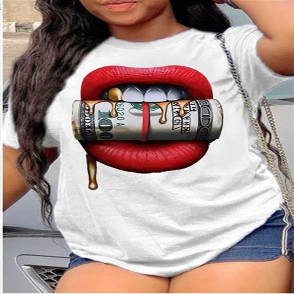 3D digital printed women's short sleeve T-shirt personality red lip bite DOLLAR printed T-shirt large size casual women's tops
3D digital printed women's short sleeve T-shirt personality red lip bite DOLLAR printed T-shirt large size casual women's tops