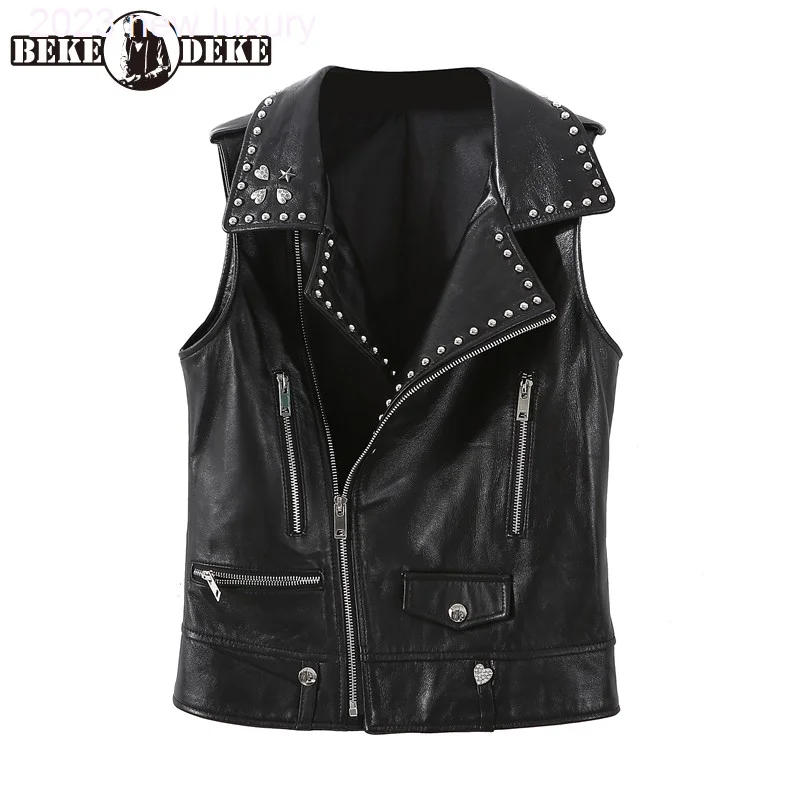 Elegant Womens New Genuine Leather Korean Style High Street Turn-Down Collar Zippers Rivet Fashion Biker Vest Jackets
Elegant Womens New Genuine Leather Korean Style High Street Turn-Down Collar Zippers Rivet Fashion Biker Vest Jackets