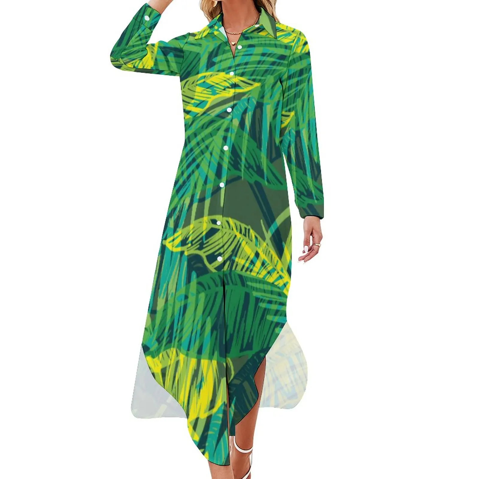 Modern Tropical Palm Chiffon Dress Green Leaves Print Beach Dresses Long Sleeve Stylish V Neck Custom Oversized Casual Dress
Modern Tropical Palm Chiffon Dress Green Leaves Print Beach Dresses Long Sleeve Stylish V Neck Custom Oversized Casual Dress