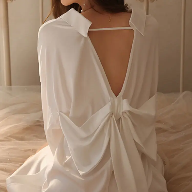 Sexy Chiffon Women's Pajamas Blouse Skirt Lapel Cardigan Backless Sexy Bowknot Single Breasting Nightdress for Women Nightgown 
Sexy Chiffon Women's Pajamas Blouse Skirt Lapel Cardigan Backless Sexy Bowknot Single Breasting Nightdress for Women Nightgown