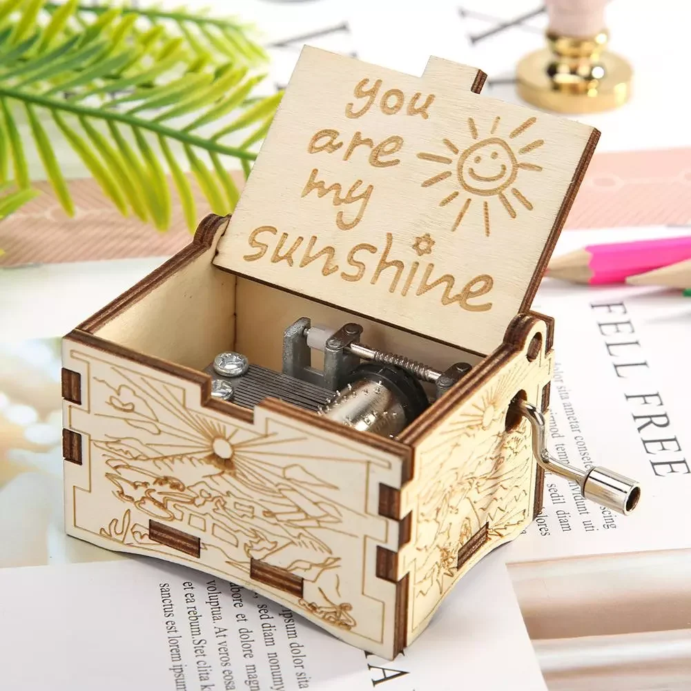 

You Are My Sunshine Music Box Birch Plywood Engraving Pattern Hand Cranked Decoration for Music Children Birthday Party Ornament