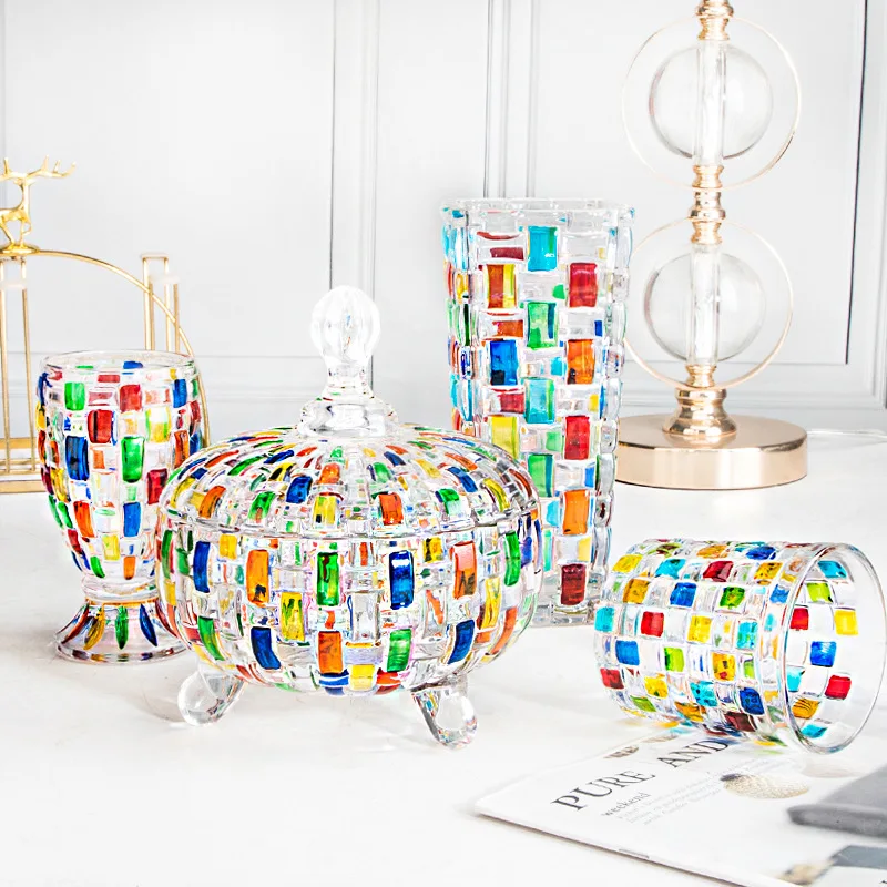 Popular hand-painted woven fruit tray with lid candy can, juice cup, home decoration decoration, colored glass vase
Popular hand-painted woven fruit tray with lid candy can, juice cup, home decoration decoration, colored glass vase