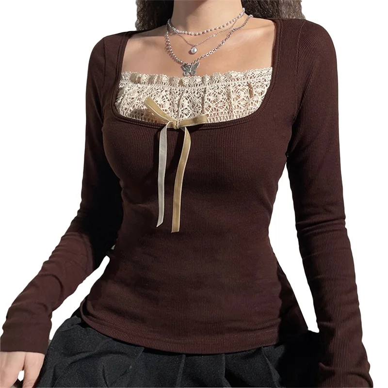 Women's Long Sleeve Knitted Tops Lace Stitching Neckline Knitwear, Bowknot Decoration Slim-Fit Casual Pullover
Women's Long Sleeve Knitted Tops Lace Stitching Neckline Knitwear, Bowknot Decoration Slim-Fit Casual Pullover