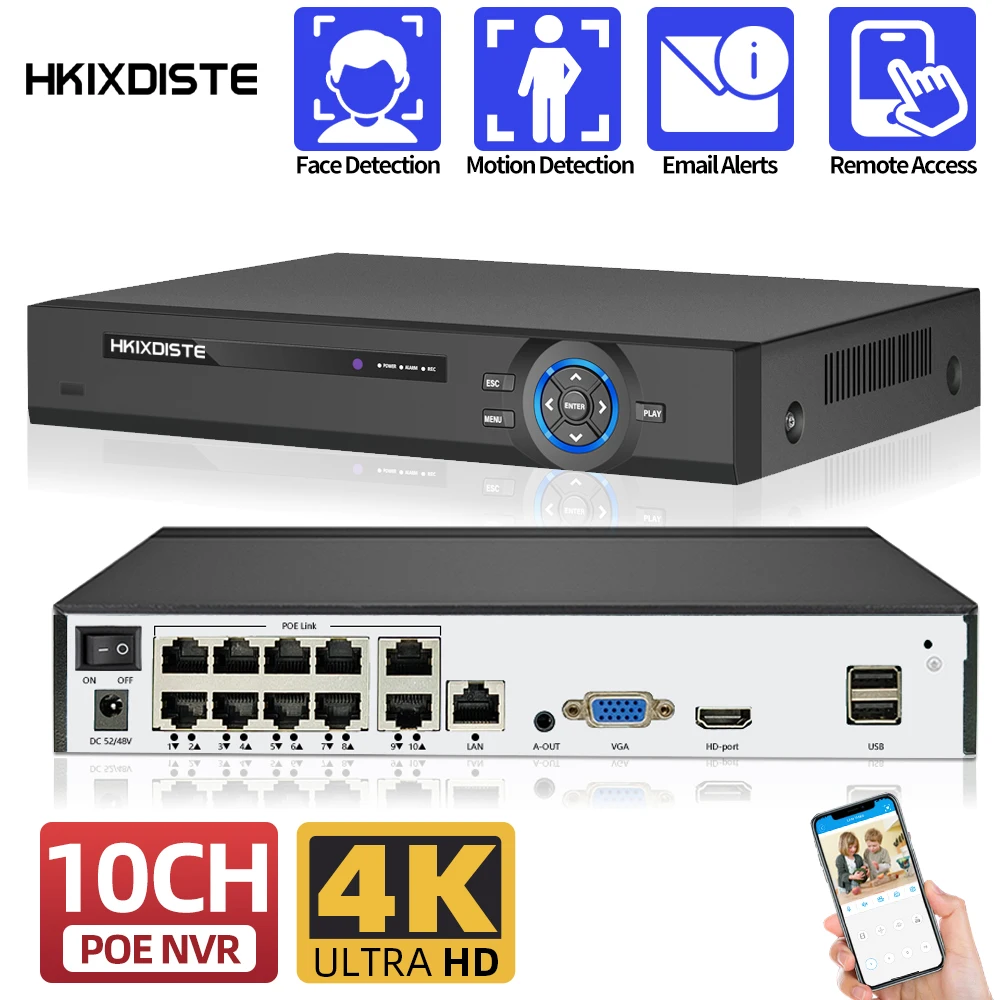 

10CH 8CH 4K 8MP H.265 POE NVR Recorder For HD 4K 3MP 4MP 5MP CCTV POE IP Camera Face Detection 48V Video Surveillance Recorder