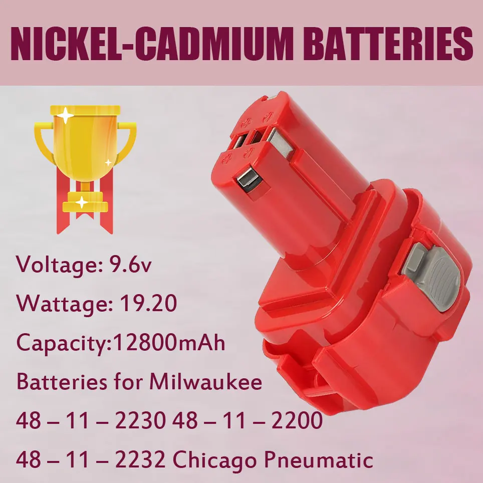 9.6V 12800 mAh ni-cd replacement battery for Milwaukee 48 – 11 – 2230 48 – 11 – 2200 48 – 11 – 2232 Chicago Pneumatic 8940158631
9.6V 12800 mAh ni-cd replacement battery for Milwaukee 48 – 11 – 2230 48 – 11 – 2200 48 – 11 – 2232 Chicago Pneumatic 8940158631
