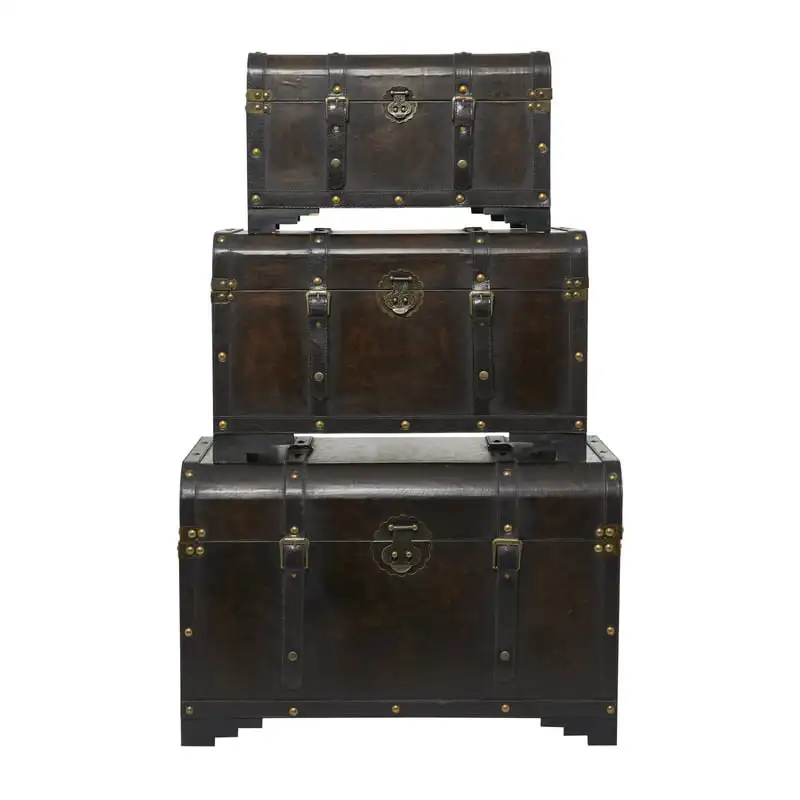 x 19" Brown Wood Nesting Upholstered Trunk with Vintage Accents and Studs, 3-Pieces 
x 19" Brown Wood Nesting Upholstered Trunk with Vintage Accents and Studs, 3-Pieces