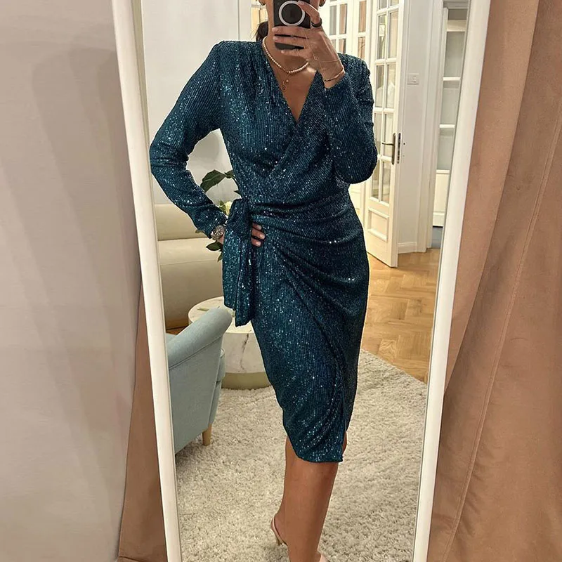 Female V-neck Lace-up Shiny Bodycon Dress Sexy Sequin Commute A-line Midi Dress New Autumn V Neck Long Sleeve Draped Split Dress
Female V-neck Lace-up Shiny Bodycon Dress Sexy Sequin Commute A-line Midi Dress New Autumn V Neck Long Sleeve Draped Split Dress