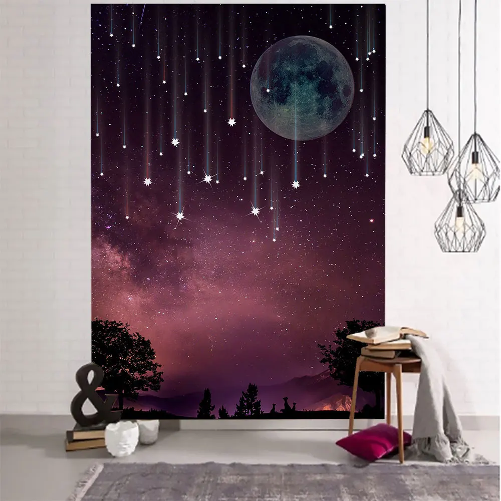 

Mystery Starry Sky Tapestry Hippie Wall Hanging Boho Room Decor Aesthetic Forest Tree Jungle Moon Tapestrie Background Ceiling