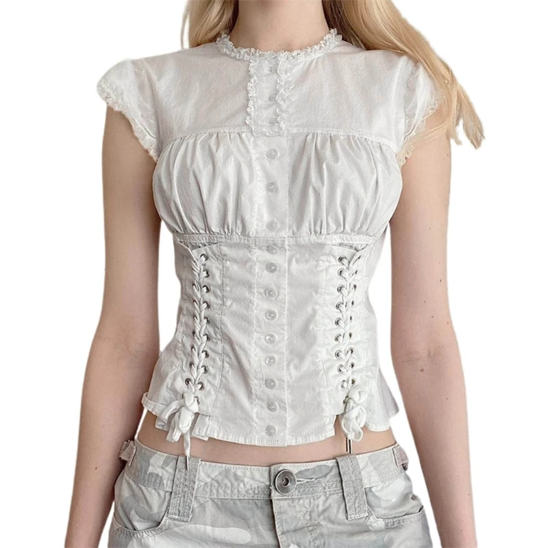 Women Summer Daily Shirt Bandage Lacy Edge Waisteds Solid Color Button Down Blouses Round Neck Top for Office School 57BD
Women Summer Daily Shirt Bandage Lacy Edge Waisteds Solid Color Button Down Blouses Round Neck Top for Office School 57BD