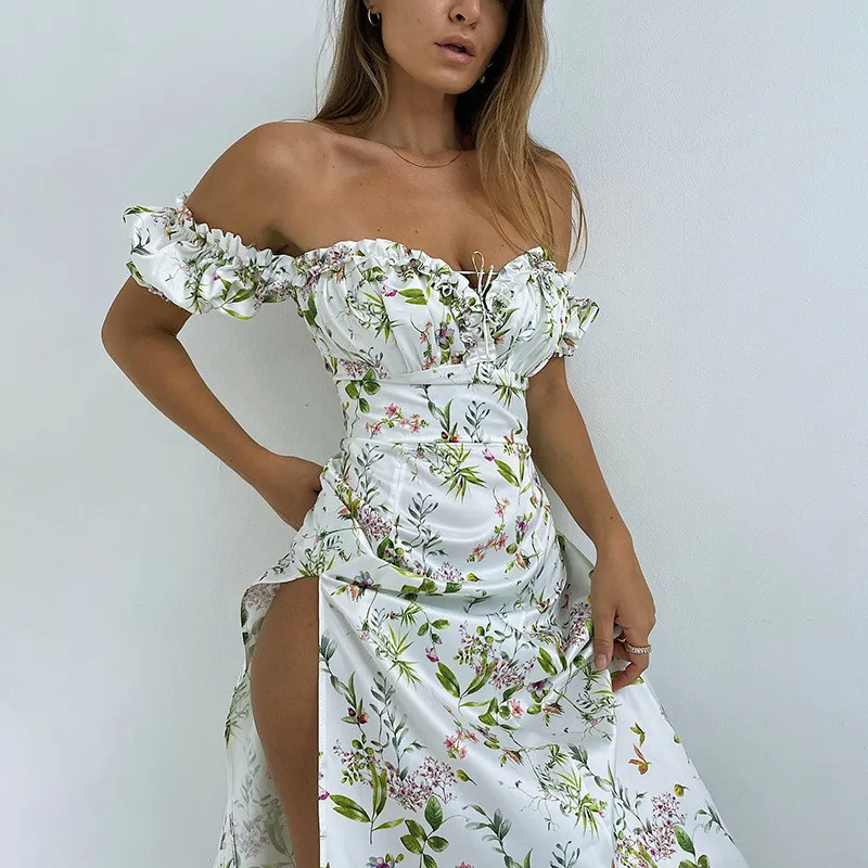Summer Bohemia Style Sexy Floral Off Shoulder Puff Sleeve Maxi Dress For Women Robe Sexy Lace Up Side Split Chic Long Dress 2
Summer Bohemia Style Sexy Floral Off Shoulder Puff Sleeve Maxi Dress For Women Robe Sexy Lace Up Side Split Chic Long Dress 2