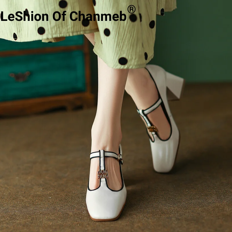 

LeShion Of Chanmeb Women Real Leather Mary Jane Pumps T-tied Block High Heels Square Toe Shoes Ladies Metal Decor Buckle Pump 42