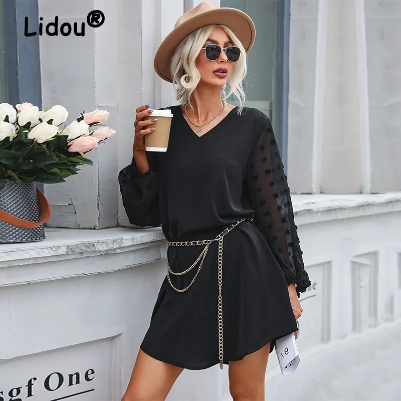 Black Vintage Solid Loose Short Skirt Fashion Woman Spring Summer V-Neck Mesh Pullover Long Sleeve Jacquard Office Lady Dress
Black Vintage Solid Loose Short Skirt Fashion Woman Spring Summer V-Neck Mesh Pullover Long Sleeve Jacquard Office Lady Dress