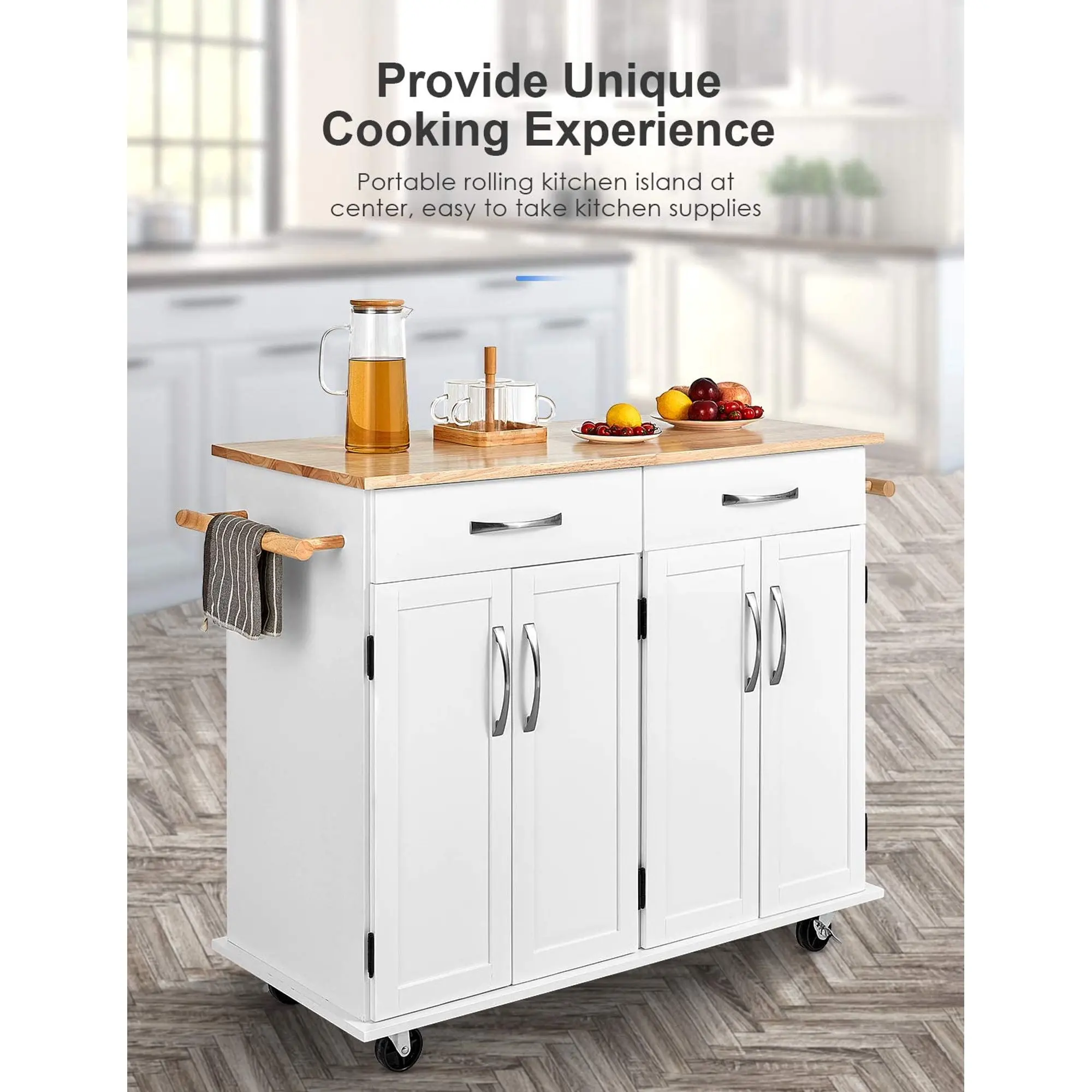 Rolling Kitchen Island Cart with Storage Kitchen Island on Wheels, Handle Rack Rubber Wood Top Cabinet 48.2L x 18.5W x 35.4H
Rolling Kitchen Island Cart with Storage Kitchen Island on Wheels, Handle Rack Rubber Wood Top Cabinet 48.2L x 18.5W x 35.4H