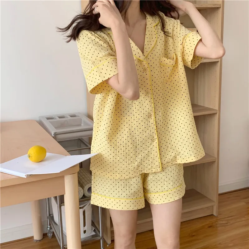 Polka Dot Print Summer Home Suit Women Korean Cotton Two Piece Pajamas Set Single Breasted Blouse + Shorts Sleepwear Sweet
Polka Dot Print Summer Home Suit Women Korean Cotton Two Piece Pajamas Set Single Breasted Blouse + Shorts Sleepwear Sweet