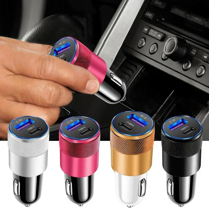 

USB Car Charger 3.1A USB+PD Vehicle Charging Supplies Cell Phone Charger Adapters Switch Button LED Voltage Display For Cars