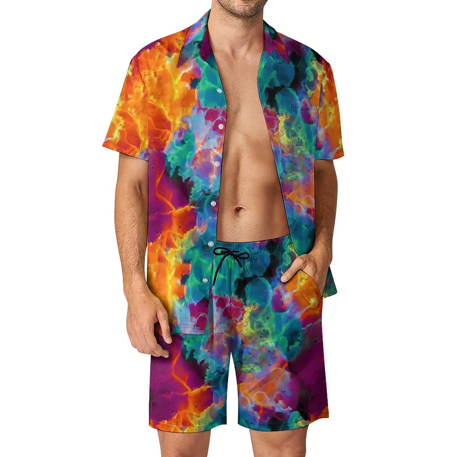

Красочные радужные мужские комплекты, неоновые абстрактные рандомные летние Смешные комплекты рубашек для отпуска, индивидуальный костюм большого размера с короткими рукавами