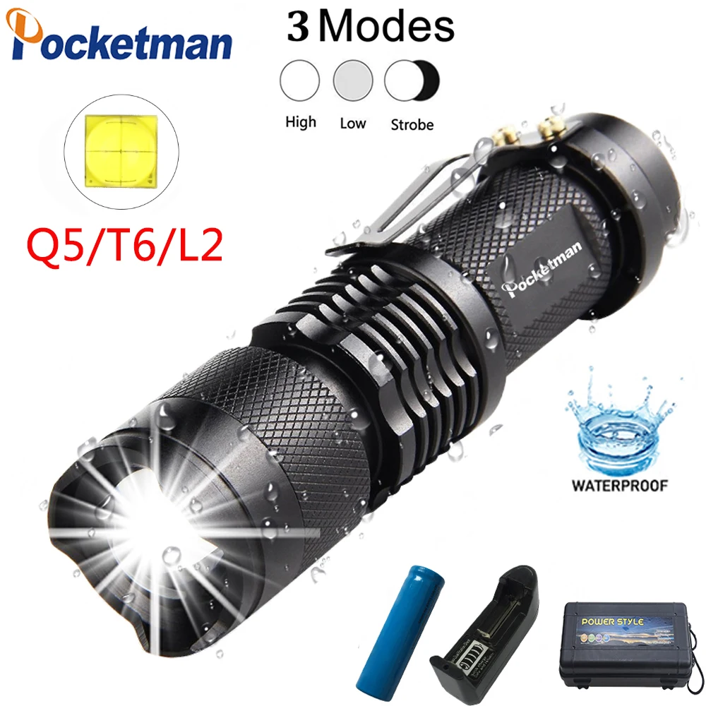 

POCKETMAN Mini Flashlight Q5/T6/L2 LED Flashlights Mini Pocket-size Flashlight Zoomable Torch Waterproof Camping Flashlight