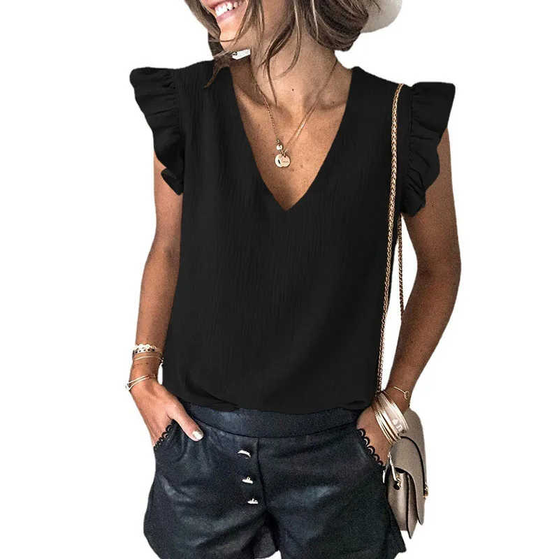 European and American women's clothing Summer new casual T-shirts Solid color V-neck pullover ruffle sleeve tops for women
European and American women's clothing Summer new casual T-shirts Solid color V-neck pullover ruffle sleeve tops for women