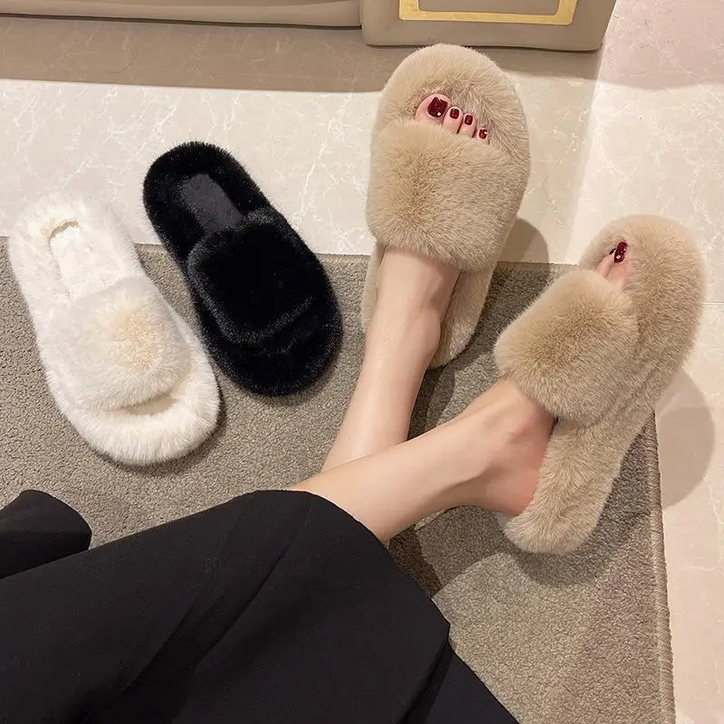 

Female Shoes Home Slippers Women's Platform Low Luxury Slides Big Size Fur Flip Flops Flock 2022 Massage Soft Designer Plush Rom