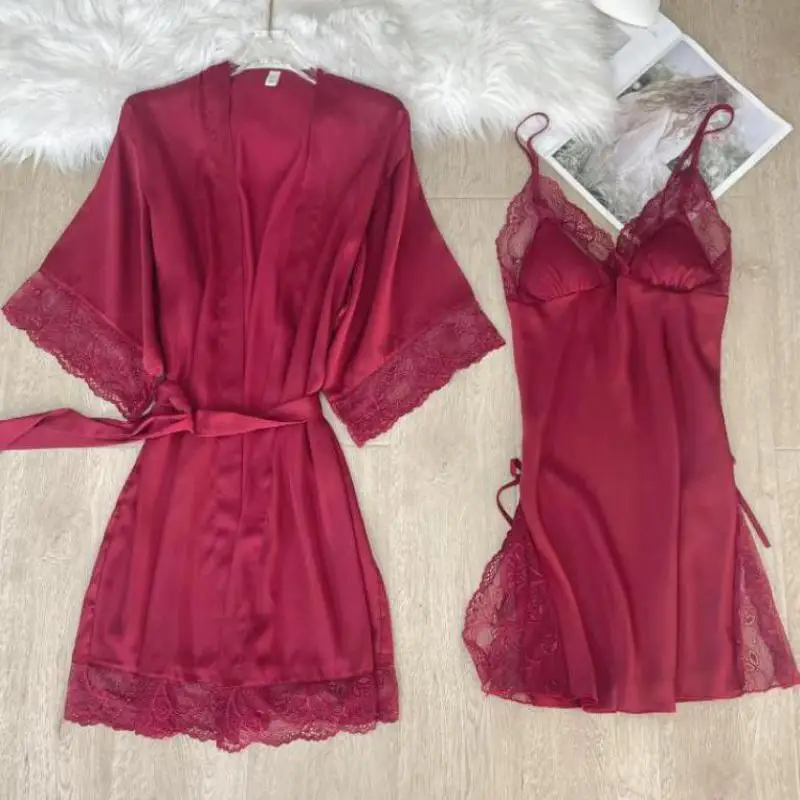 Satin Bride Bridesmaid Robe Set Lace Trim 2PCS Sleepwear Women V-neck Bathrobe Gown Female Robe Suit Full Slip Nighty&Robe Set
Satin Bride Bridesmaid Robe Set Lace Trim 2PCS Sleepwear Women V-neck Bathrobe Gown Female Robe Suit Full Slip Nighty&Robe Set