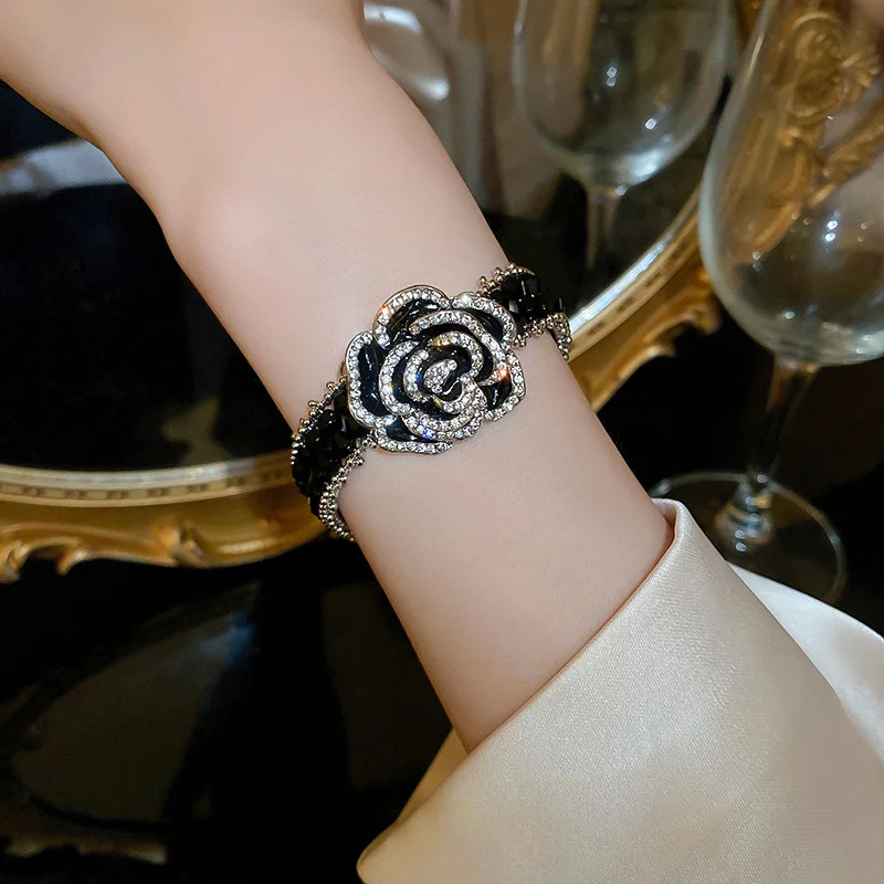 

FYUAN Fashion Camellia Flower Bracelet Women Black Crystal Chain Bracelets & Bangles Weddings Party Jewelry