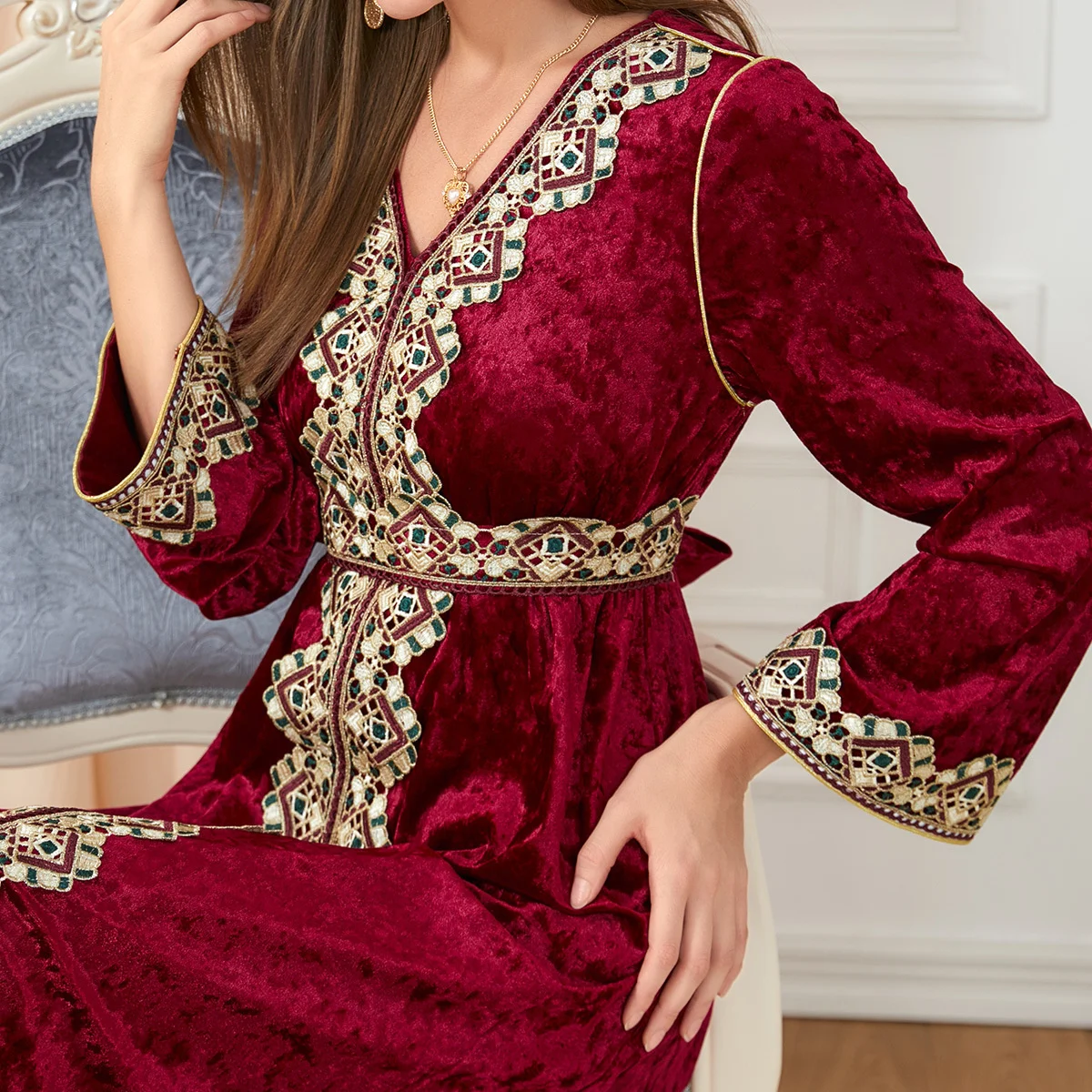 Muslim Dress Red Women's Mosaic V-Neck Long Sleeve Knitted Dress Autumn Women's Abaya Kaftan Caftan Long Dress Female Clothing
Muslim Dress Red Women's Mosaic V-Neck Long Sleeve Knitted Dress Autumn Women's Abaya Kaftan Caftan Long Dress Female Clothing