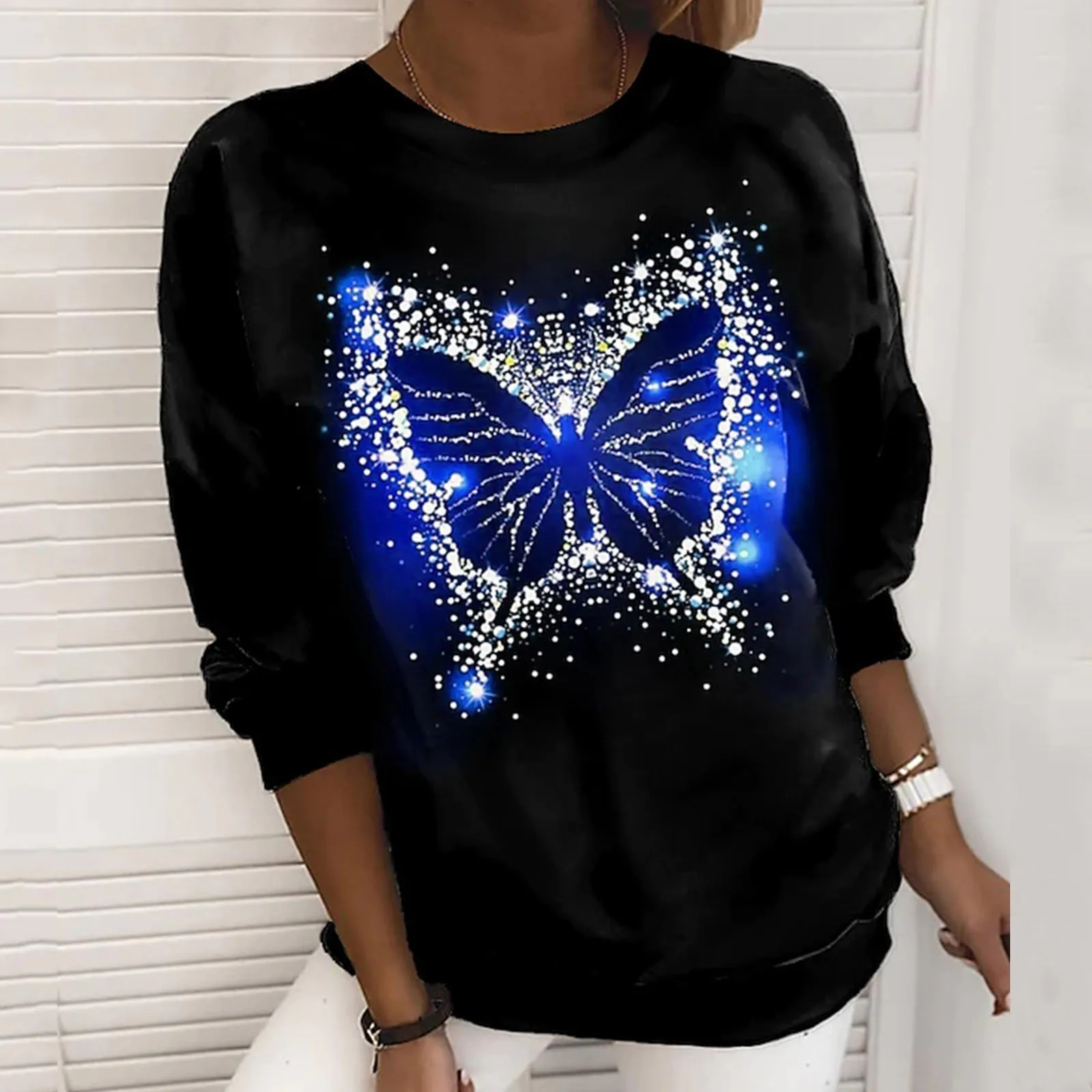 Женские свитшоты с блестками и бабочкой с цифровым принтом, женский осенне-весенний пуловер с длинным рукавом, Свободные повседневные джем... 
Женские свитшоты с блестками и бабочкой с цифровым принтом, женский осенне-весенний пуловер с длинным рукавом, Свободные повседневные джем...