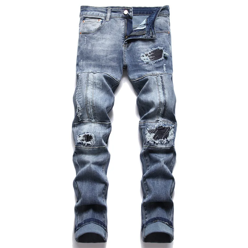Men Patchwork Ripped Stretch Denim Jeans Streetwear Holes Distressed Slim Tapered Pants Punk Blue Trousers
Men Patchwork Ripped Stretch Denim Jeans Streetwear Holes Distressed Slim Tapered Pants Punk Blue Trousers