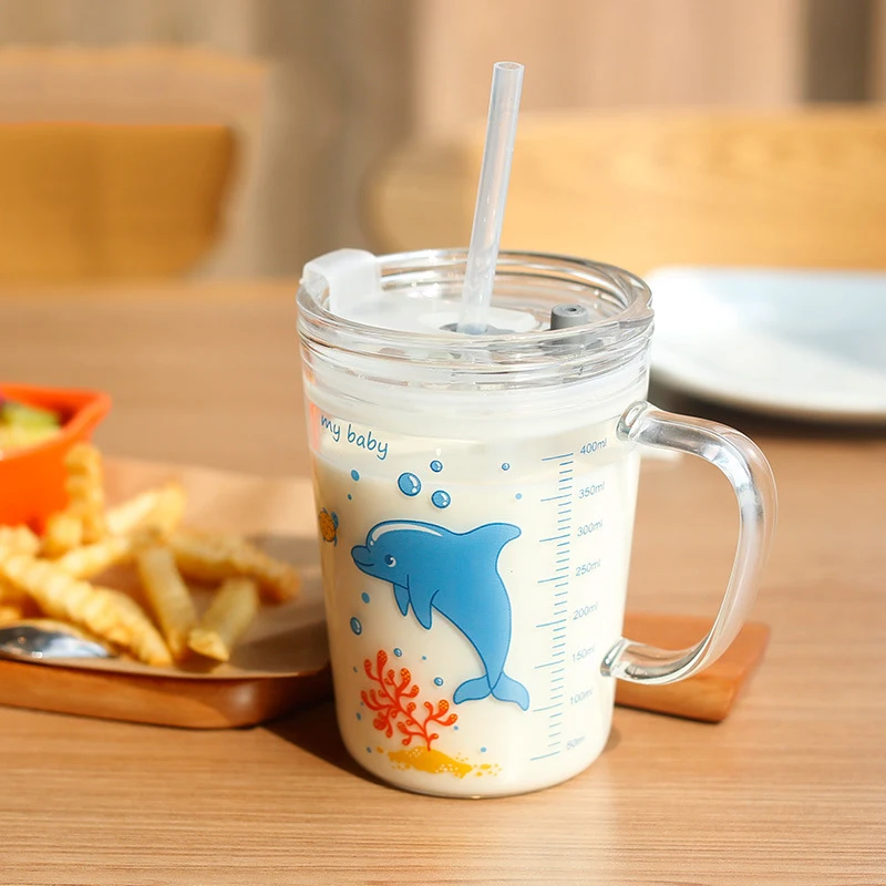 

450ml Children's Milk Cup Glass Home Drinking Cup Breakfast Cup Straw Cup Outdoor Camping Water Cup High Quality
