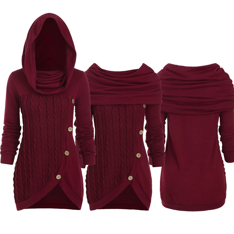 

2022 Autumn Women's Sweaters Cowl Neck Cable Knit Tunic Knitwear Long Sleeve Mock Button Pullovers Tops Red Wine XXXL