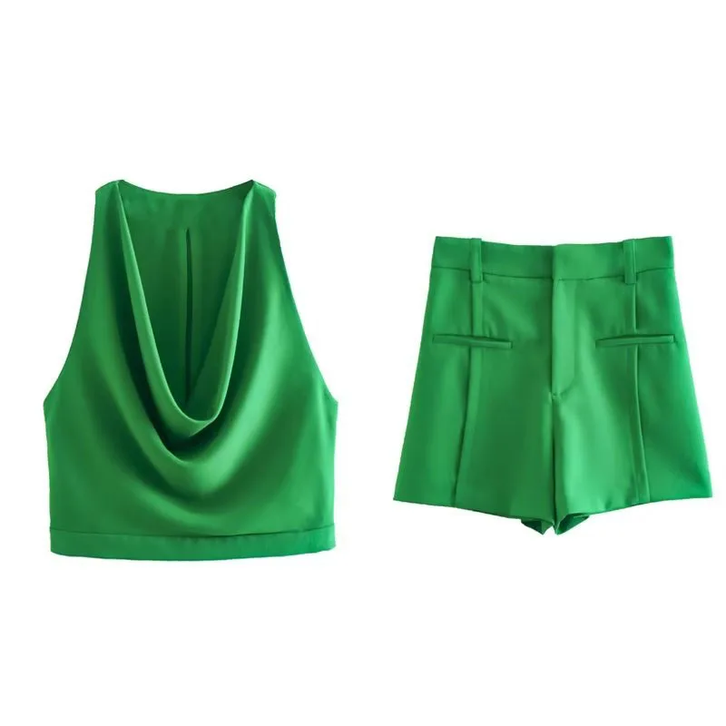 Women 2022 New Fashion Silk-Satin Tank Top Streetwear Vintage V Neck Folds Green Crop Top +High Waist Shorts XX9028
Women 2022 New Fashion Silk-Satin Tank Top Streetwear Vintage V Neck Folds Green Crop Top +High Waist Shorts XX9028