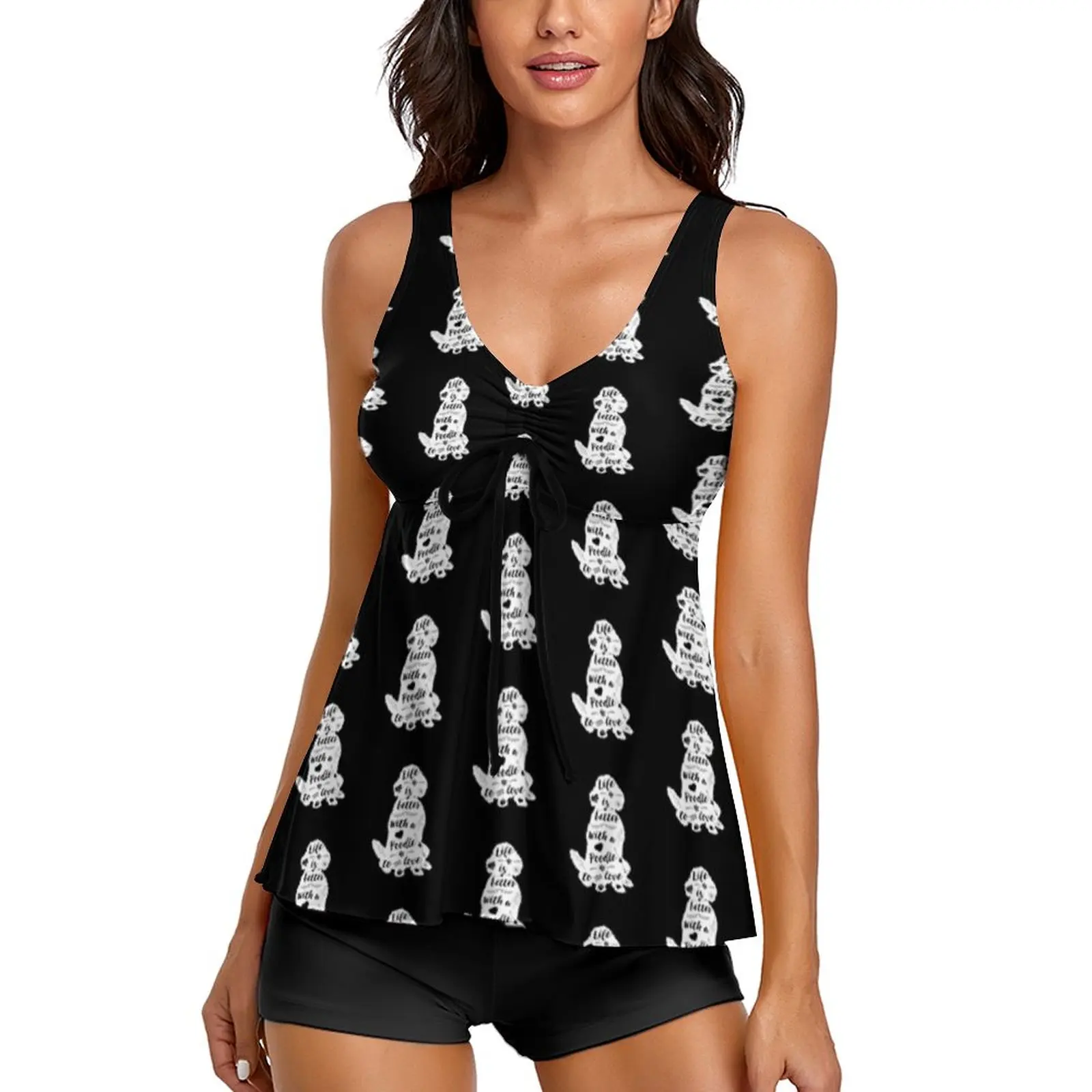 

Cute Poodle Print Tankini Swimsuit Life Is Better Swimwear Stylish Swimsuits Female Two Piece Fitness Beach Outfits
