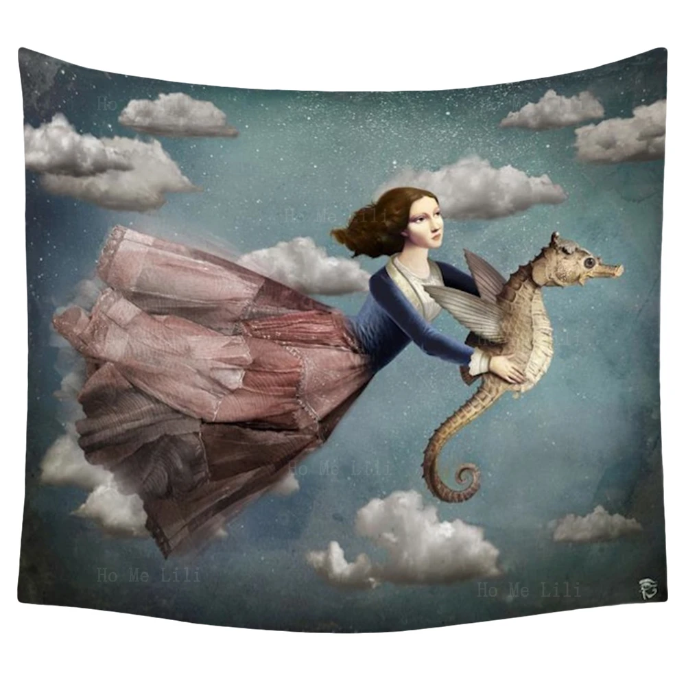 

Fantasy Art Knight Of Wands Girl Holding Seahorse And Flying In The Air Surrealism Tapestry By Ho Me Lili Home Wall Decor