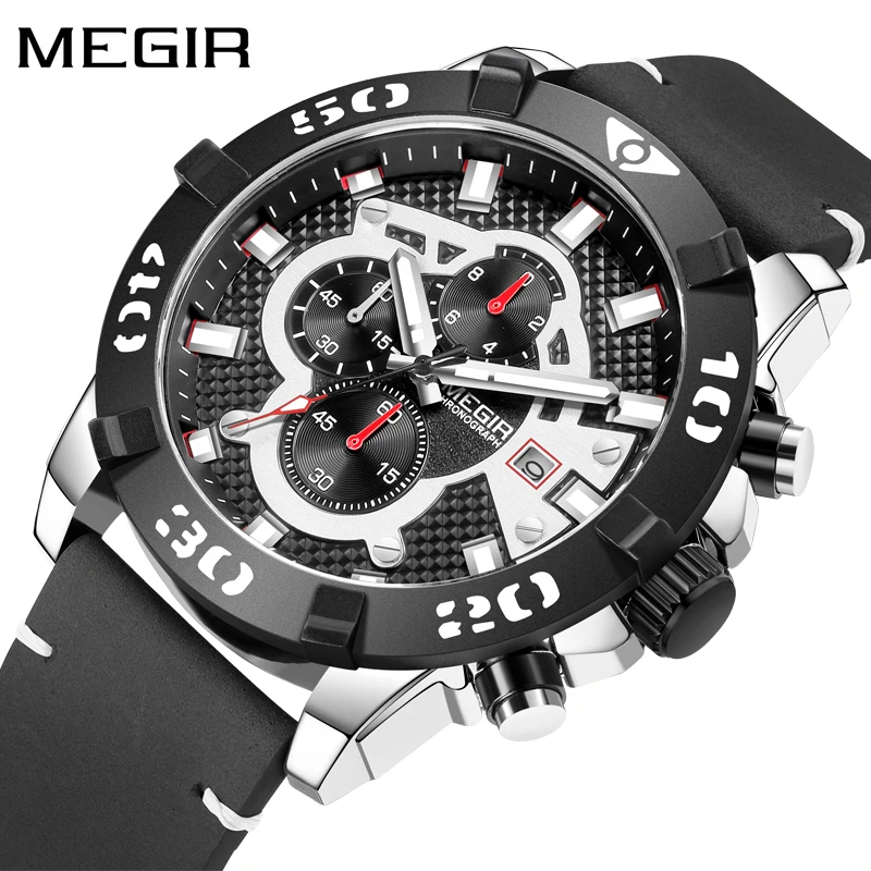 

MEGIR New Top Brand Fashion Chronograph Quartz Watch Men Leather Luminous Waterproof Calendar Mens Watches Relogio Masculino