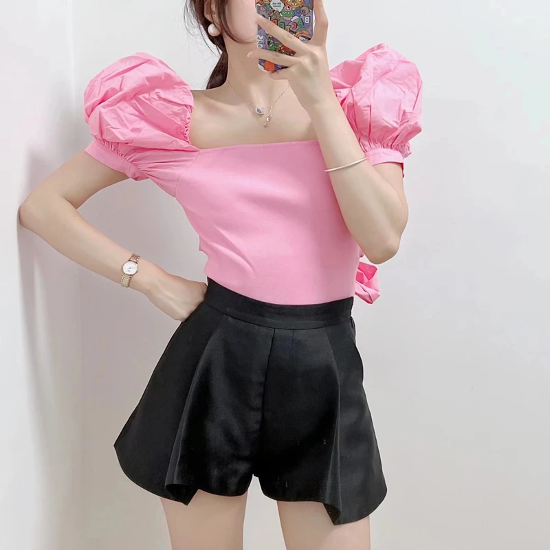 Early autumn women's new knitted stitching puff sleeve bow slim straight collar short top
Early autumn women's new knitted stitching puff sleeve bow slim straight collar short top