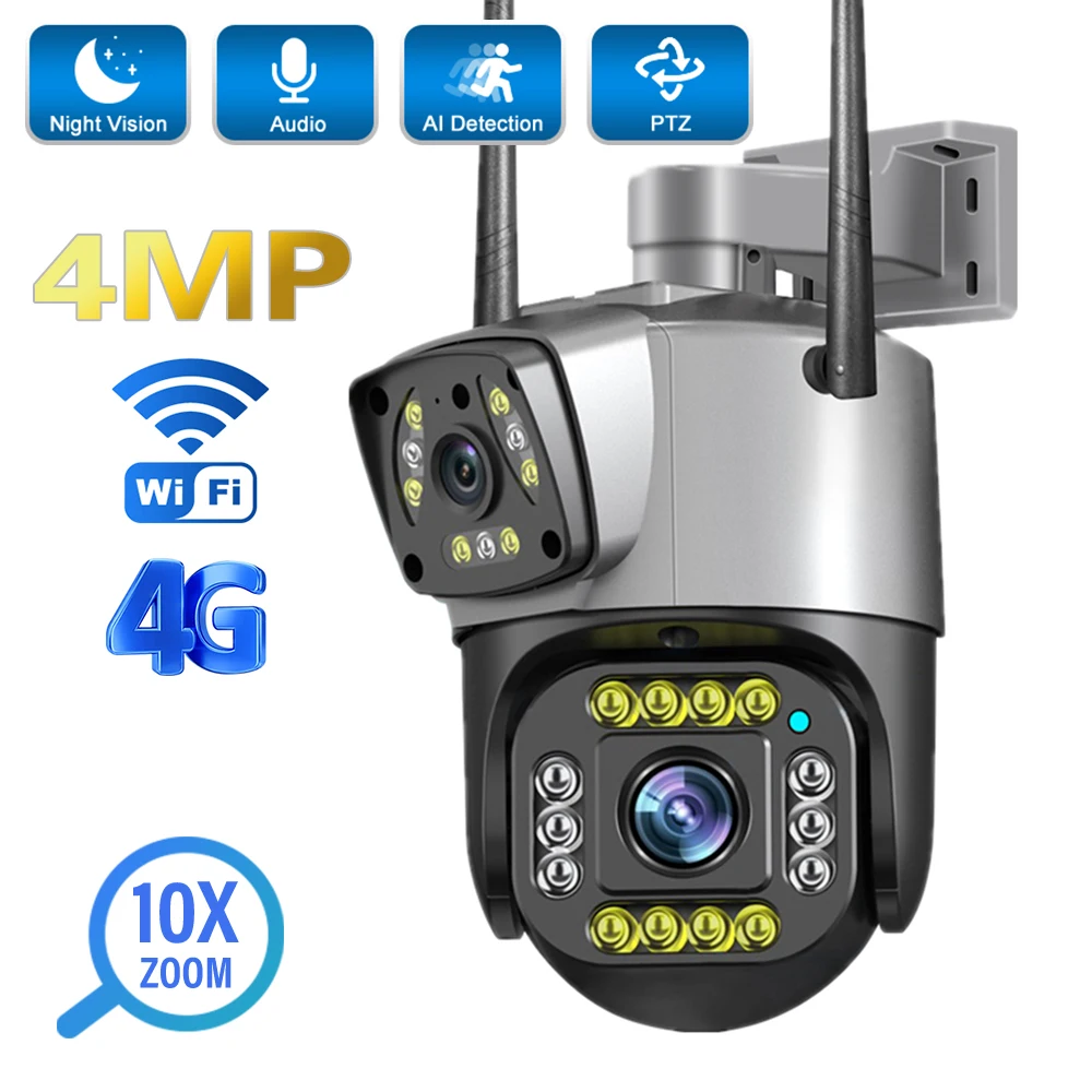 Камера Наружного видеонаблюдения, 4G/Wi-Fi, PTZ, 4 МП, HD, двойной объектив, 10-кратный зум, ии, датчик присутствия, ночное видение
Камера Наружного видеонаблюдения, 4G/Wi-Fi, PTZ, 4 МП, HD, двойной объектив, 10-кратный зум, ии, датчик присутствия, ночное видение