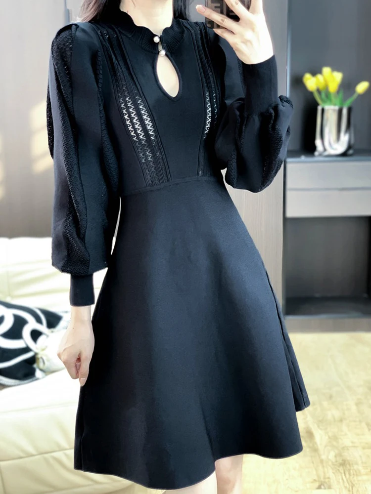 

7060# Real shot French Hepburn style puff sleeve a line sexy chest hollow out 2022 temperament high waist goddess knitted dress