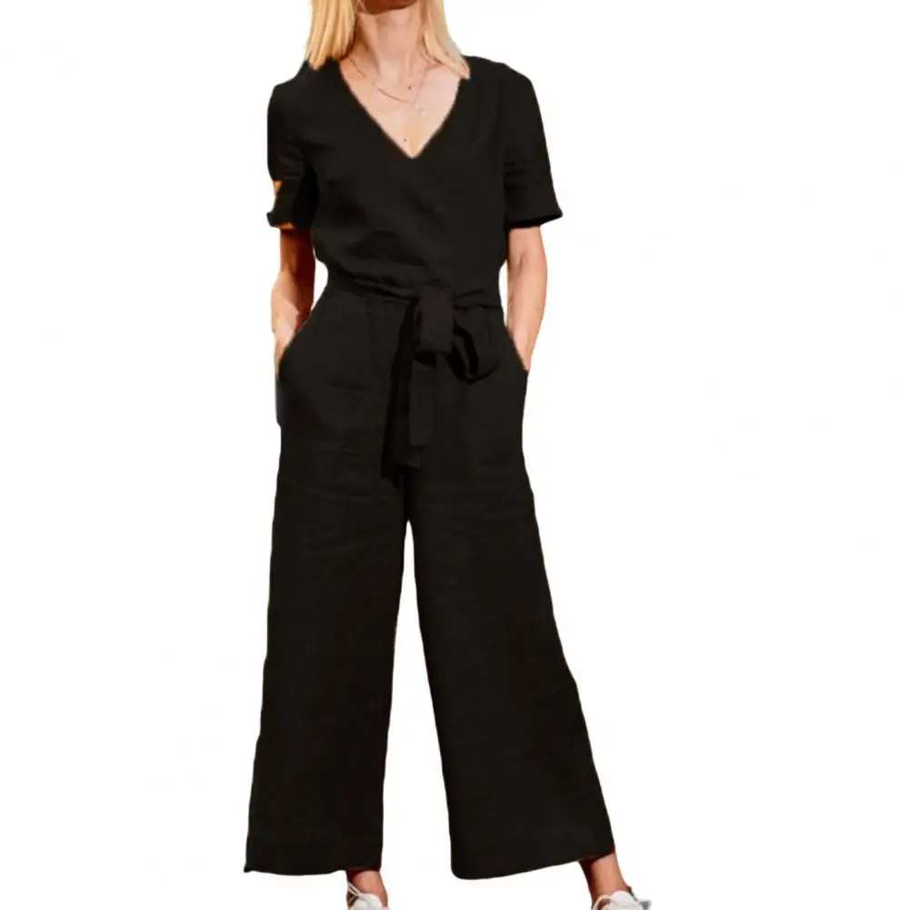 

Casual Jumpsuit Women 2022 Summer Romper Wide Legs Conjoined V-Neck Vintage Thin Short Sleeved Solid Simple Rompers for Female