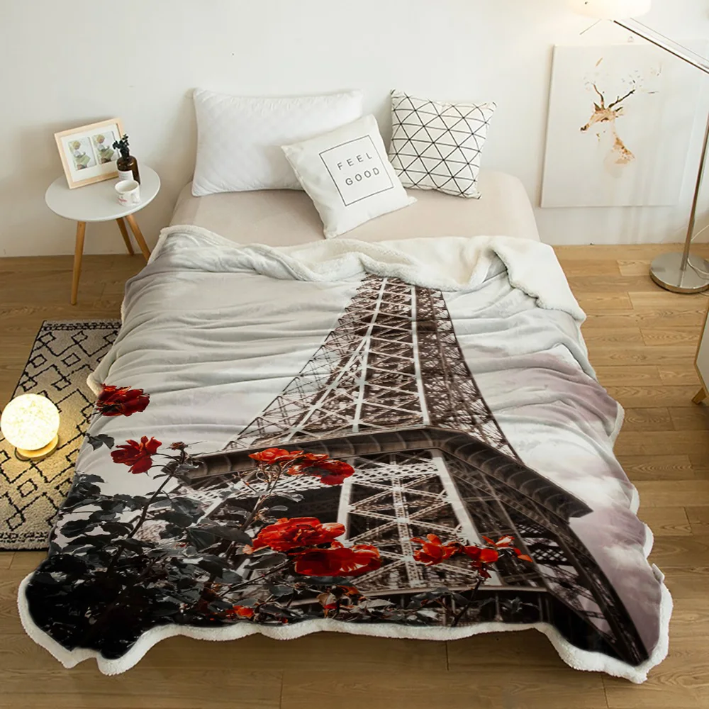 

Retro Eiffel Tower Red Flower Plush Throw Blanket Sherpa Fleece Bedspread Blankets Sofa Cover Bedding Picnic Wool Soft Blanket