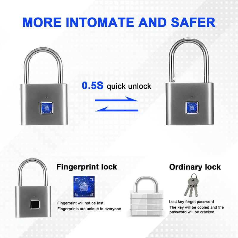 2022 Hot USB Charging Door Lock Fingerprint Smart Padlock Quickly Unlock Zinc Alloy Metal Self-imaging Chip 10 Fingerprints
2022 Hot USB Charging Door Lock Fingerprint Smart Padlock Quickly Unlock Zinc Alloy Metal Self-imaging Chip 10 Fingerprints