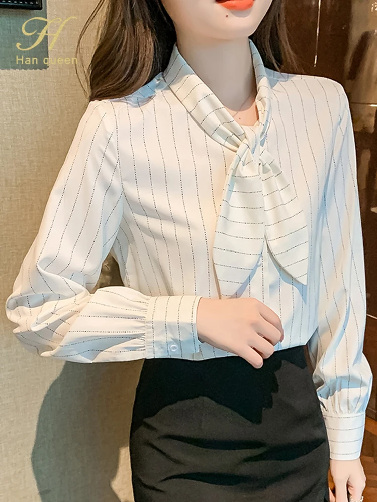 H Han Queen Elegant Autumn Shirt Women's Blouses Vintage Stripe Work Casual Tops Chiffon Blouse Korean Long Sleeve Loose Shirts
H Han Queen Elegant Autumn Shirt Women's Blouses Vintage Stripe Work Casual Tops Chiffon Blouse Korean Long Sleeve Loose Shirts