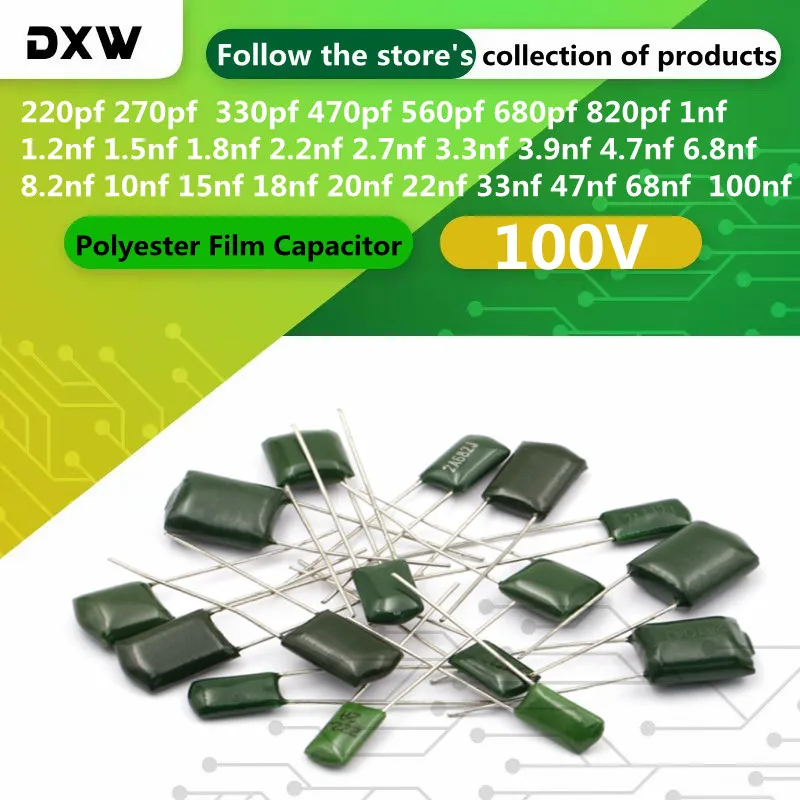 50pcs/Lot Polyester Film Capacitor 100V 1nF 33nF 22nF 2.2nF 100nF 2A471J 2A102J 2A152J 2A222J 2A332J 2A472J 2A103J 2A473J 2A104J
50pcs/Lot Polyester Film Capacitor 100V 1nF 33nF 22nF 2.2nF 100nF 2A471J 2A102J 2A152J 2A222J 2A332J 2A472J 2A103J 2A473J 2A104J