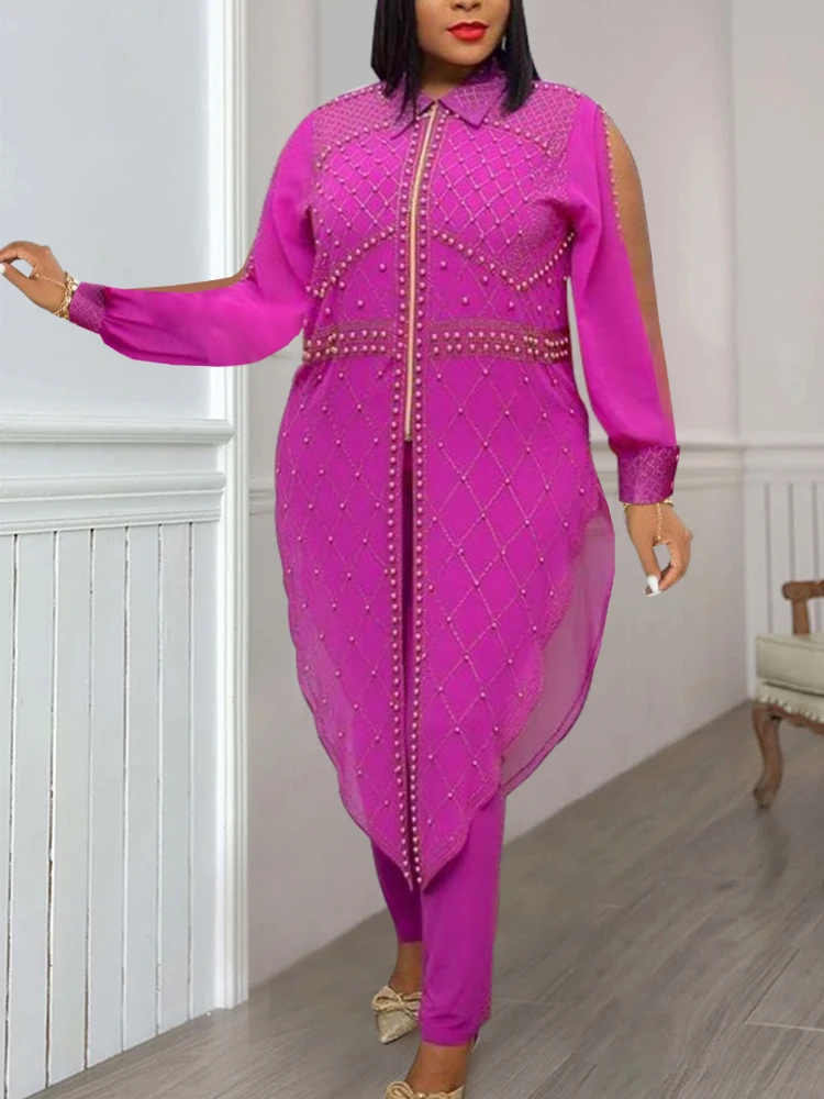 Women Two Pieces Set Turn Down Collar Beading Slit Sleeves Elegant Office Ladies Suit Zipper Up Slit Long Shirt Trousers 2023
Women Two Pieces Set Turn Down Collar Beading Slit Sleeves Elegant Office Ladies Suit Zipper Up Slit Long Shirt Trousers 2023