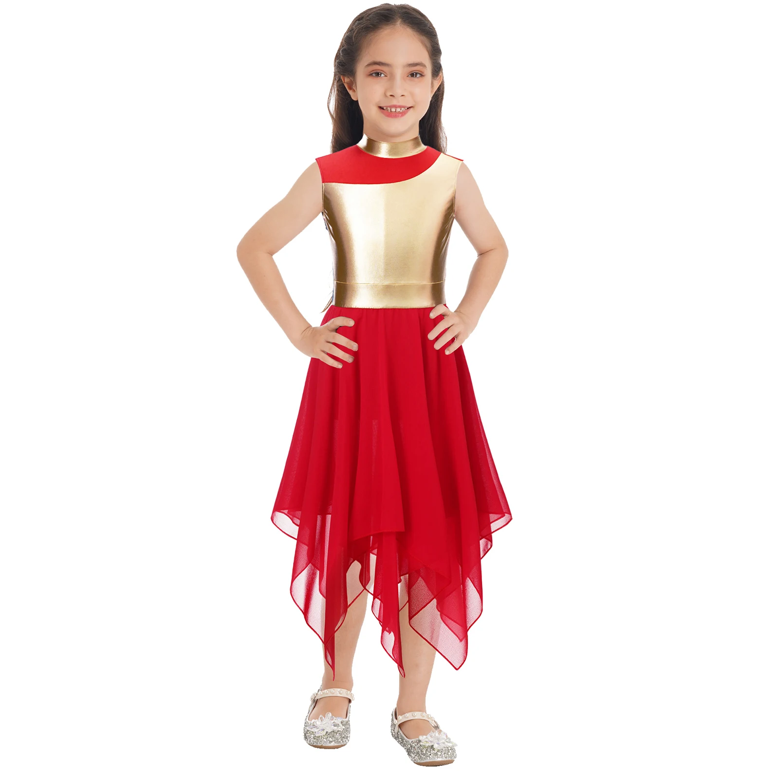 Kids Girls Praise Lyrical Dance Dress Metallic Patchwork Chiffon Handkerchief Hem Sleeveless Dresses Stage Performance Costumes
Kids Girls Praise Lyrical Dance Dress Metallic Patchwork Chiffon Handkerchief Hem Sleeveless Dresses Stage Performance Costumes
