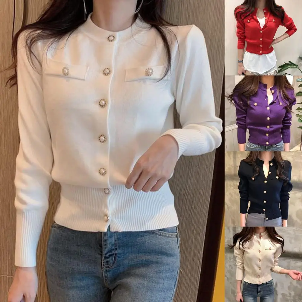 Stand Collar Cardigan Sweater Decorative Pockets Women Faux Pearl Buttons Solid Color Knitted Coat Outerwear
Stand Collar Cardigan Sweater Decorative Pockets Women Faux Pearl Buttons Solid Color Knitted Coat Outerwear