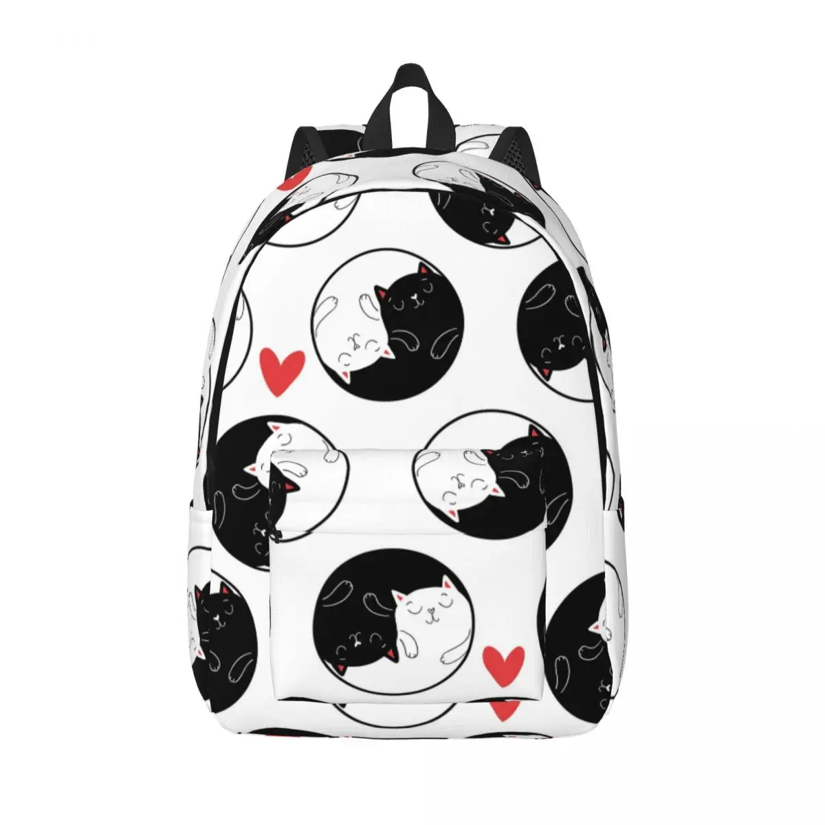 

Men Women Backpack Capacity School Backpack for Student Valentine's Day Yin Yang White Black Cats Hearts Pattern School Bag