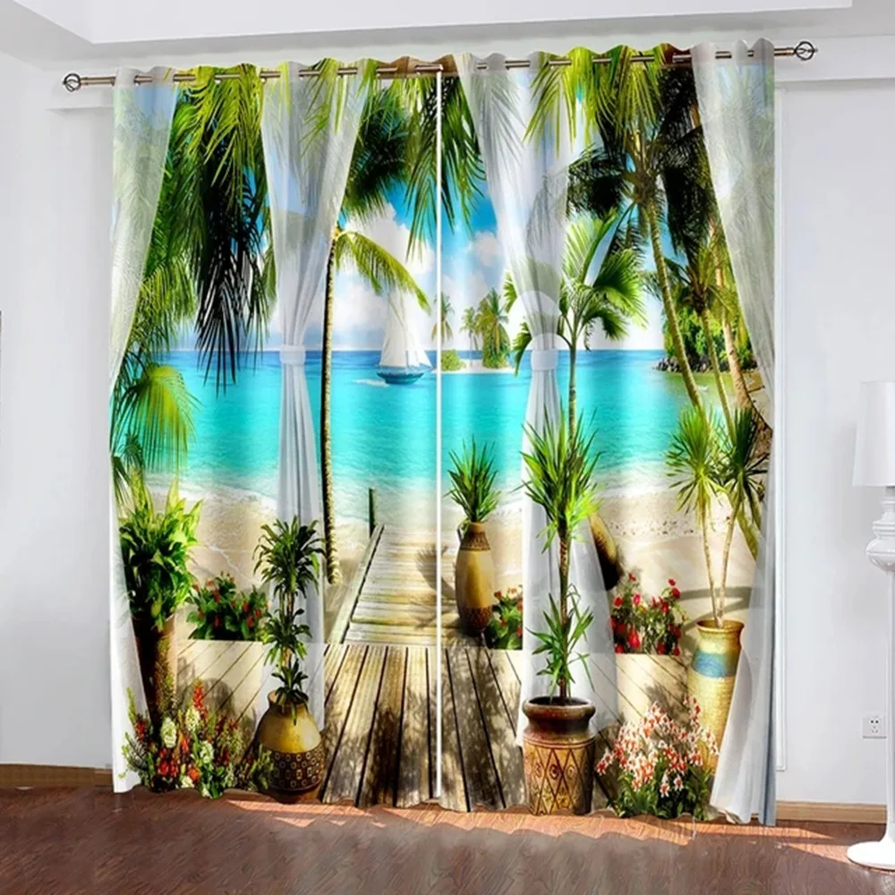 

Seaside Resort Beach Scenery Tropical Plants 2 Pieces Free Shipping Thin Window Drapes Curtain for Living Room Bedroom Decor