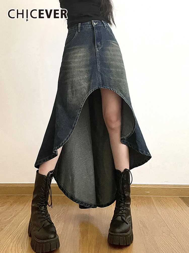 

CHICEVER Asymmetrical Denim Skirts For Women High Waist Spliced Button Solid Folds Irregular Hem Loose Maxi Dress Female Summer