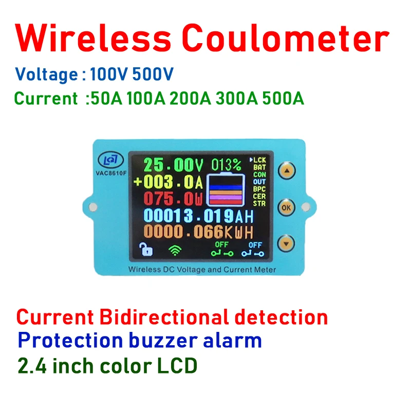 DYKB DC 500V 100V 500A Wireless Voltmeter Ammeter Battery Charging Coulometer Capacity Power Detector Lifepo4 Li-ion lithium
DYKB DC 500V 100V 500A Wireless Voltmeter Ammeter Battery Charging Coulometer Capacity Power Detector Lifepo4 Li-ion lithium